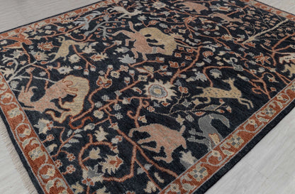 Animal and Tree of Life Navy Hand Knotted Persian Hunting Style Wool Area Rug 8x10