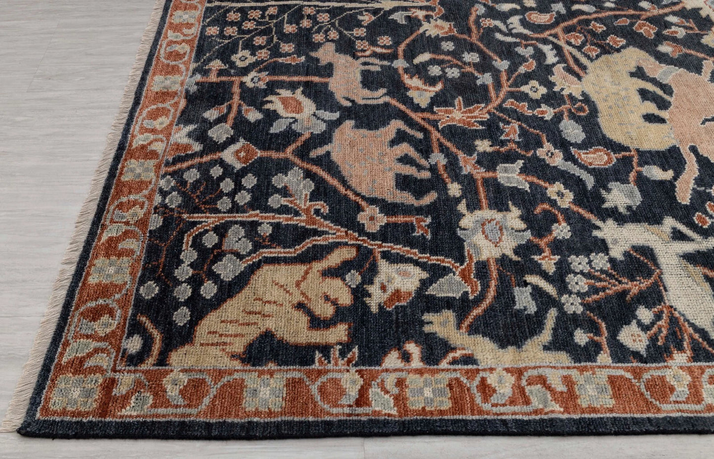 Animal and Tree of Life Navy Hand Knotted Persian Hunting Style Wool Area Rug 8x10