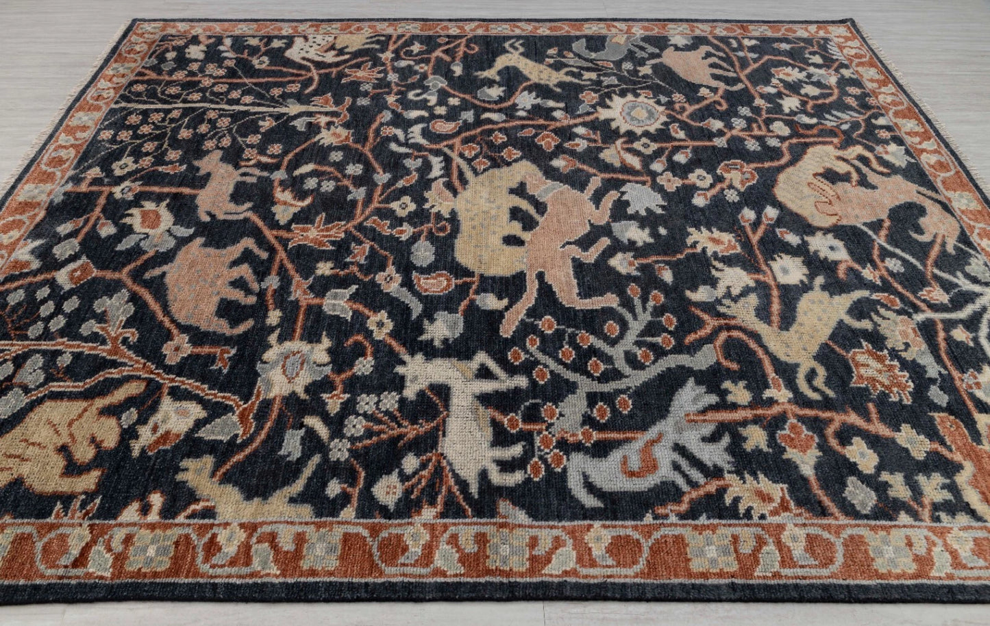 Animal and Tree of Life Navy Hand Knotted Persian Hunting Style Wool Area Rug 8x10