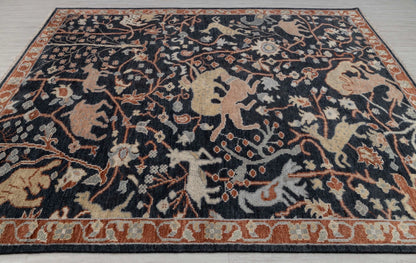Animal and Tree of Life Navy Hand Knotted Persian Hunting Style Wool Area Rug 8x10