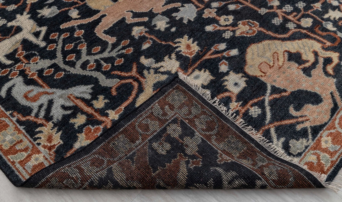 Animal and Tree of Life Navy Hand Knotted Persian Hunting Style Wool Area Rug 8x10