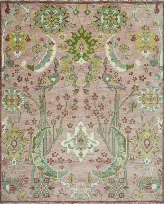 Dusty Rose and Green 8x10 Hand Knotted Romantic Peacock Tree of Life Wool Area Rug
