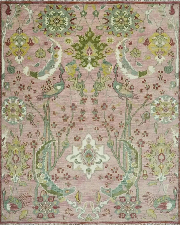 Dusty Rose and Green 8x10 Hand Knotted Romantic Peacock Tree of Life Wool Area Rug