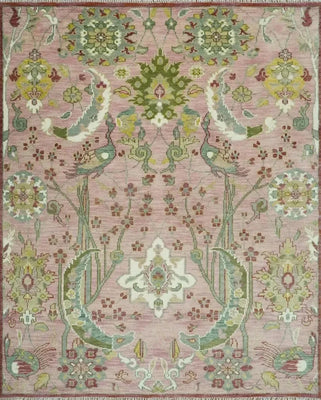 Dusty Rose and Green 8x10 Hand Knotted Romantic Peacock Tree of Life Wool Area Rug