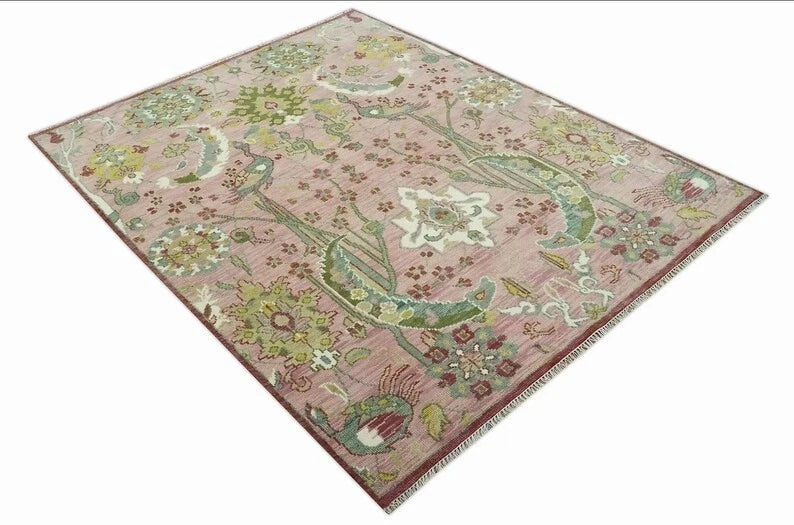 Dusty Rose and Green 8x10 Hand Knotted Romantic Peacock Tree of Life Wool Area Rug