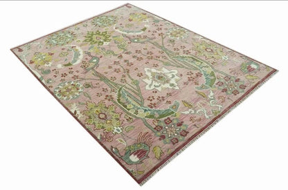 Dusty Rose and Green 8x10 Hand Knotted Romantic Peacock Tree of Life Wool Area Rug