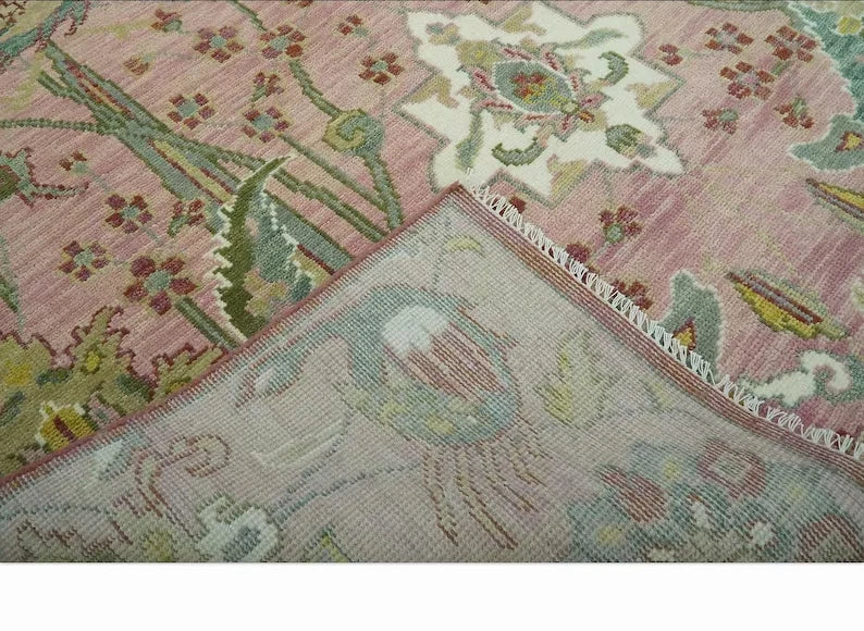 Dusty Rose and Green 8x10 Hand Knotted Romantic Peacock Tree of Life Wool Area Rug