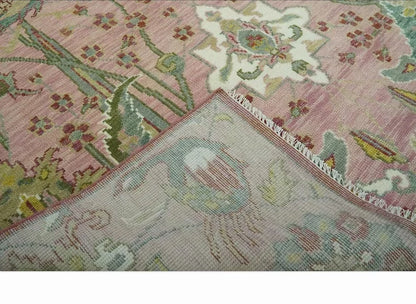 Dusty Rose and Green 8x10 Hand Knotted Romantic Peacock Tree of Life Wool Area Rug