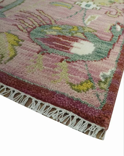 Dusty Rose and Green 8x10 Hand Knotted Romantic Peacock Tree of Life Wool Area Rug