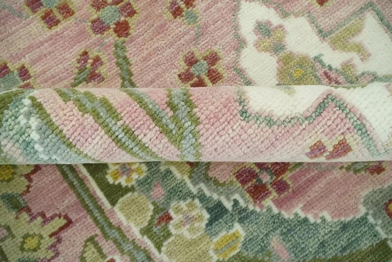 Dusty Rose and Green 8x10 Hand Knotted Romantic Peacock Tree of Life Wool Area Rug