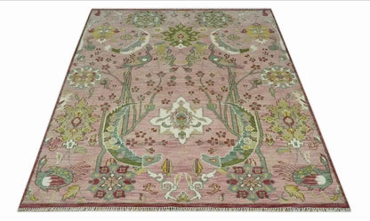 Dusty Rose and Green 8x10 Hand Knotted Romantic Peacock Tree of Life Wool Area Rug