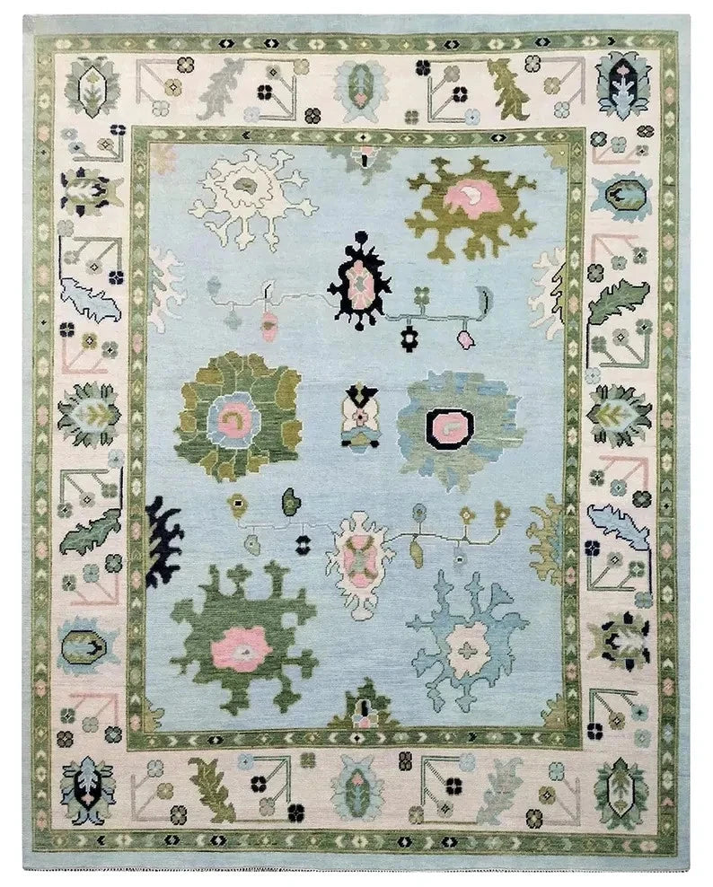 Blue and Olive Large Floral Traditional Oushak 8x10 Hand Knotted Wool Area Rug