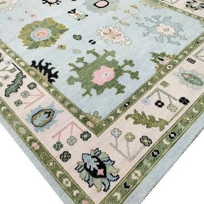 Blue and Olive Large Floral Traditional Oushak 8x10 Hand Knotted Wool Area Rug