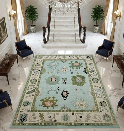 Blue and Olive Large Floral Traditional Oushak 8x10 Hand Knotted Wool Area Rug