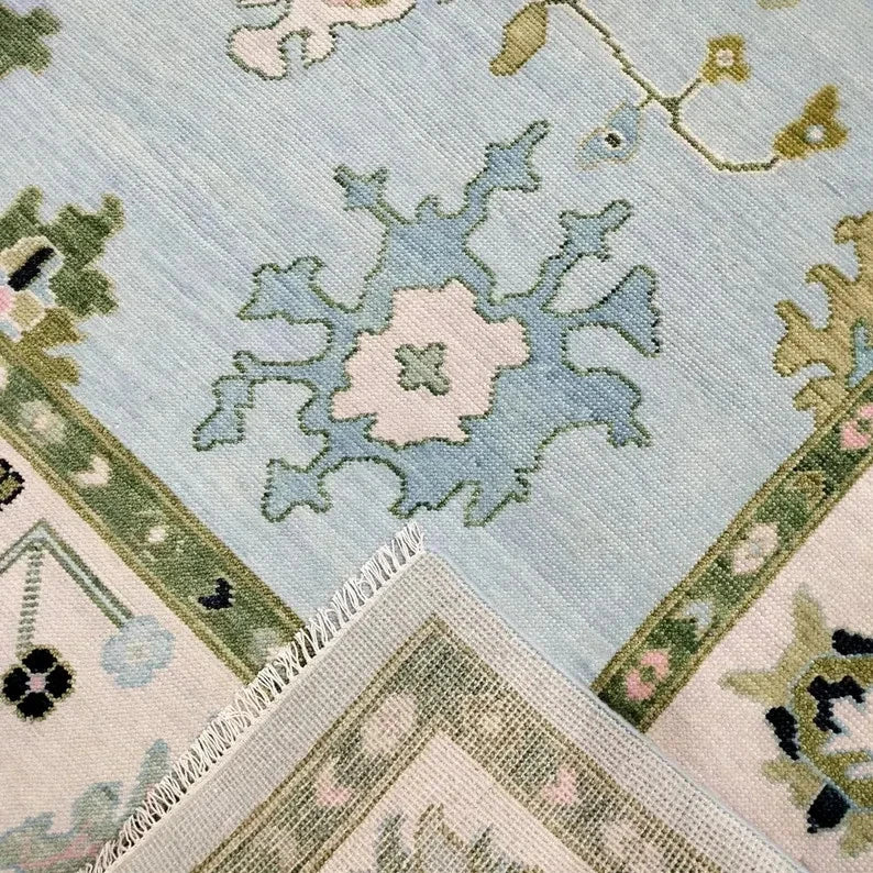 Blue and Olive Large Floral Traditional Oushak 8x10 Hand Knotted Wool Area Rug