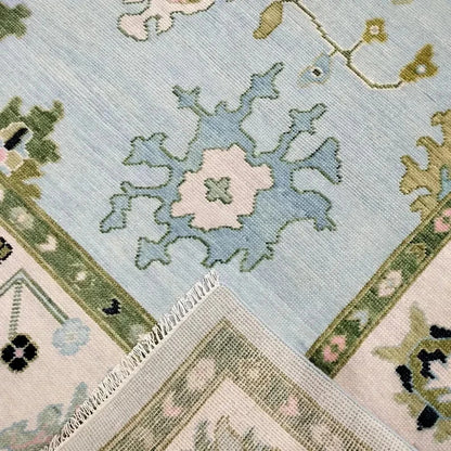 Blue and Olive Large Floral Traditional Oushak 8x10 Hand Knotted Wool Area Rug