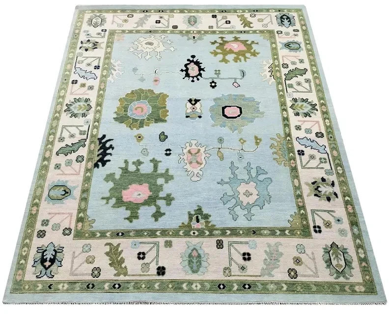 Blue and Olive Large Floral Traditional Oushak 8x10 Hand Knotted Wool Area Rug