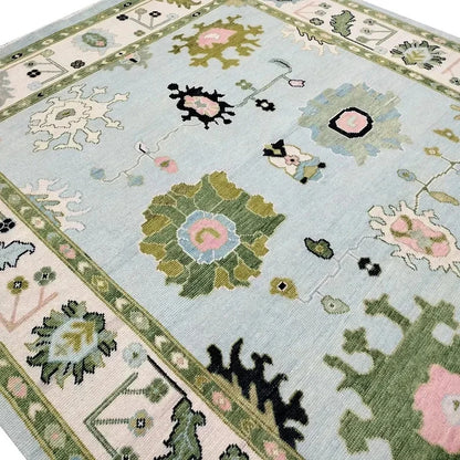 Blue and Olive Large Floral Traditional Oushak 8x10 Hand Knotted Wool Area Rug