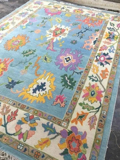 Vibrant Colorful Traditional Oushak Painterly Sky Blue and Ivory Hand Knotted 8x10 Wool Area Rug