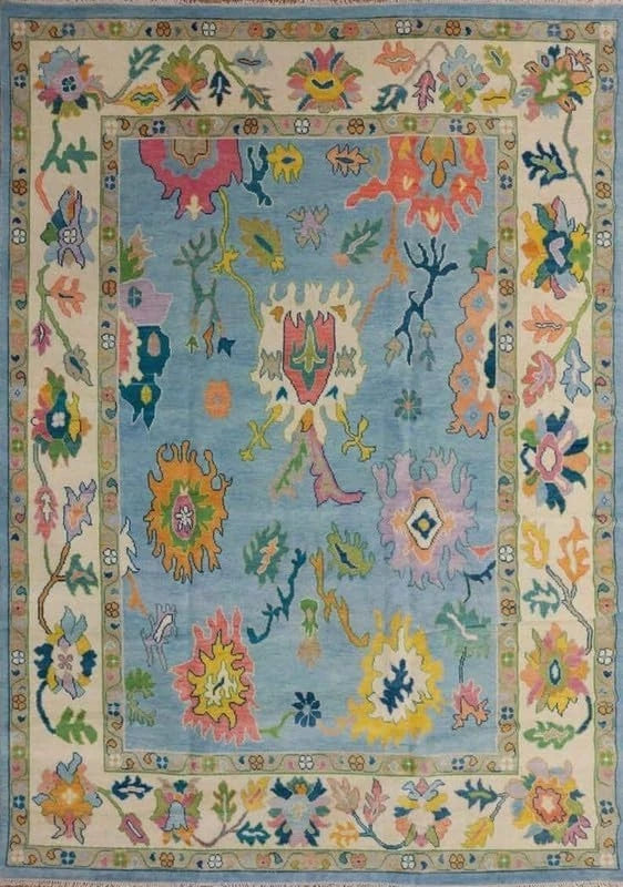 Vibrant Colorful Traditional Oushak Painterly Sky Blue and Ivory Hand Knotted 8x10 Wool Area Rug