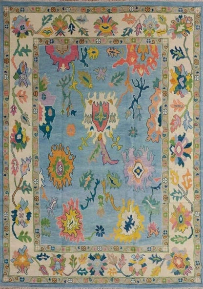 Vibrant Colorful Traditional Oushak Painterly Sky Blue and Ivory Hand Knotted 8x10 Wool Area Rug