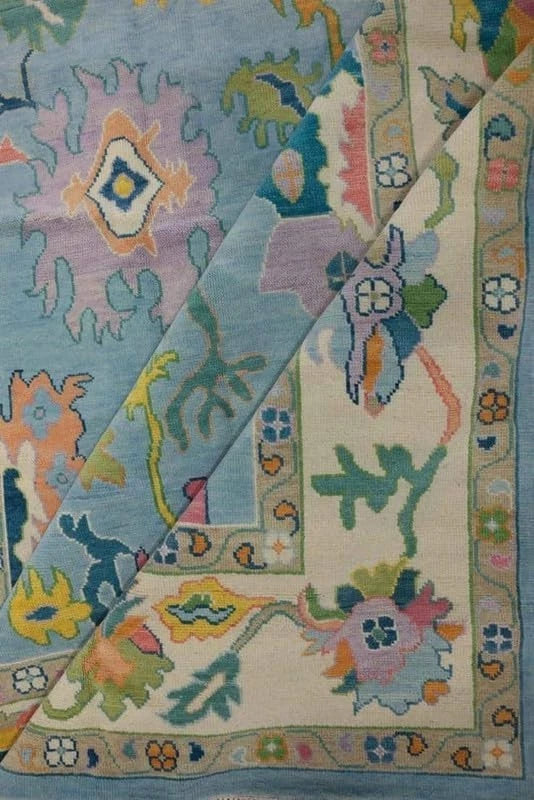 Vibrant Colorful Traditional Oushak Painterly Sky Blue and Ivory Hand Knotted 8x10 Wool Area Rug