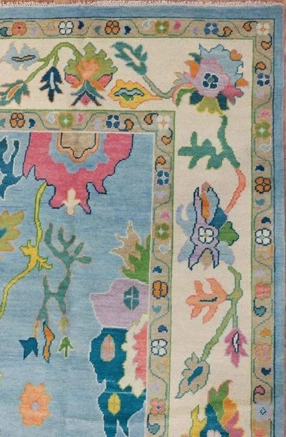 Vibrant Colorful Traditional Oushak Painterly Sky Blue and Ivory Hand Knotted 8x10 Wool Area Rug