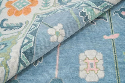Vibrant Colorful Traditional Oushak Painterly Sky Blue and Ivory Hand Knotted 8x10 Wool Area Rug