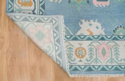 Vibrant Colorful Traditional Oushak Painterly Sky Blue and Ivory Hand Knotted 8x10 Wool Area Rug