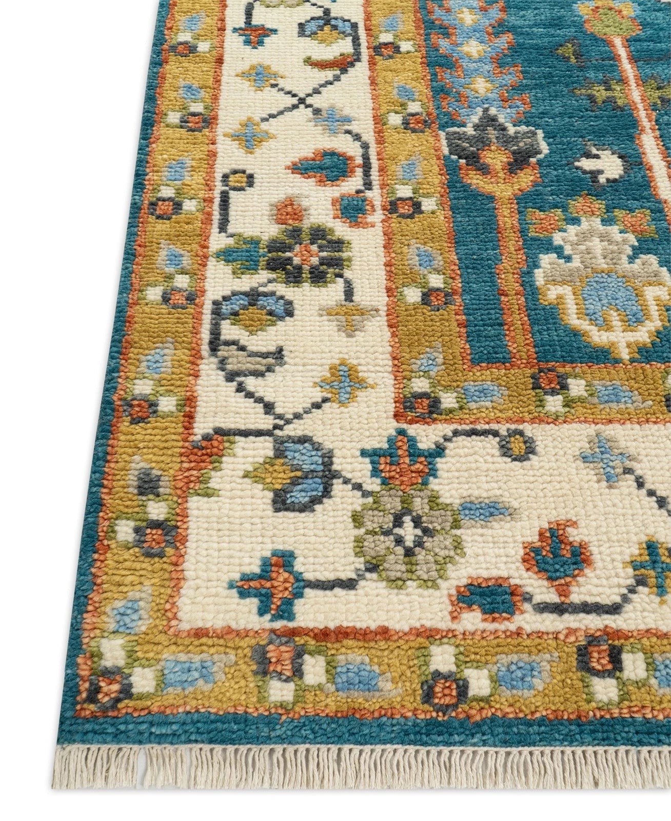 Teal and Ivory 8x10 Hand Knotted Jewel-Toned Tree of Life Botanical Wool Area Rug