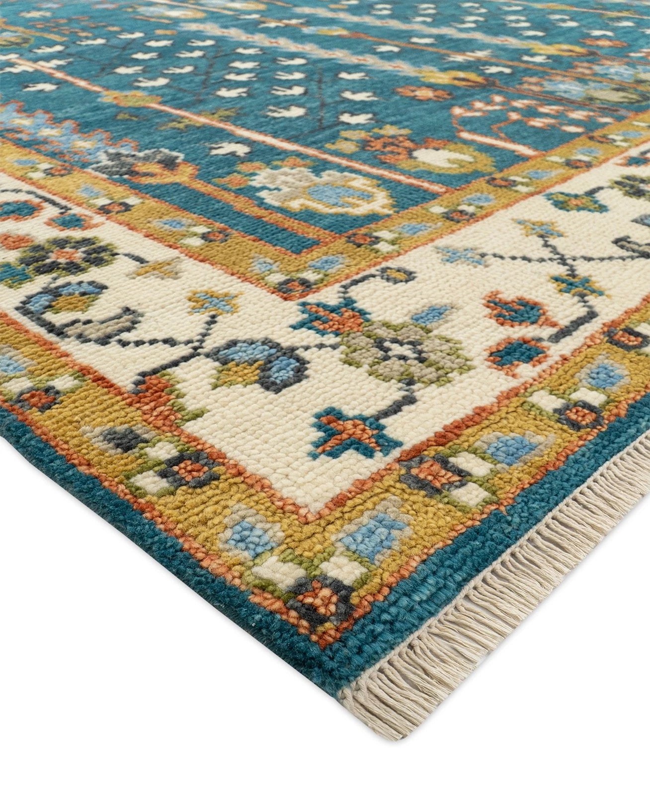 Teal and Ivory 8x10 Hand Knotted Jewel-Toned Tree of Life Botanical Wool Area Rug