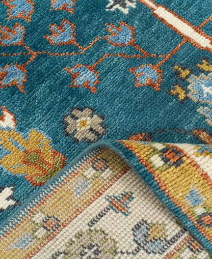 Teal and Ivory 8x10 Hand Knotted Jewel-Toned Tree of Life Botanical Wool Area Rug