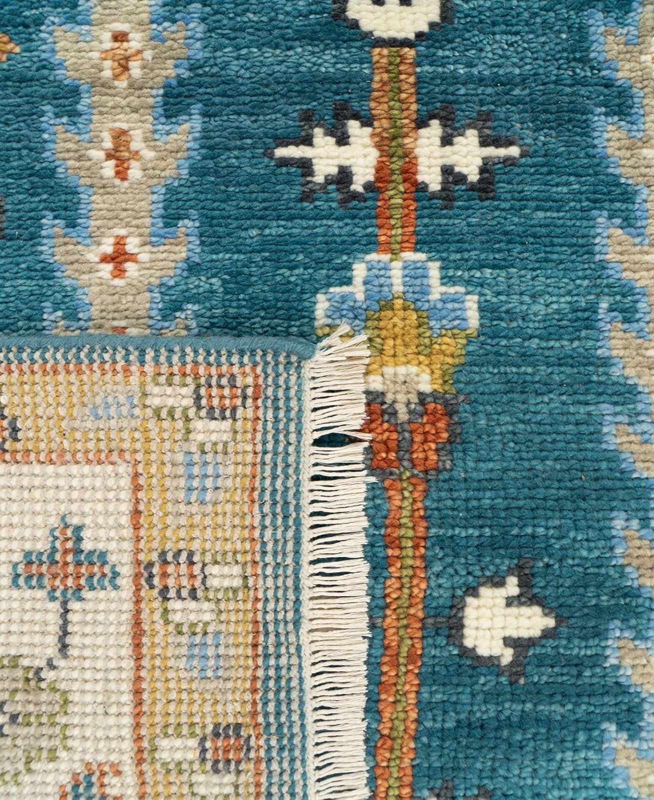 Teal and Ivory 8x10 Hand Knotted Jewel-Toned Tree of Life Botanical Wool Area Rug