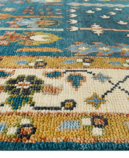 Teal and Ivory 8x10 Hand Knotted Jewel-Toned Tree of Life Botanical Wool Area Rug