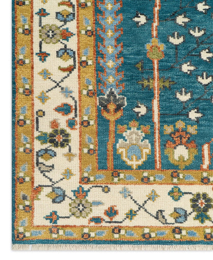 Teal and Ivory 8x10 Hand Knotted Jewel-Toned Tree of Life Botanical Wool Area Rug