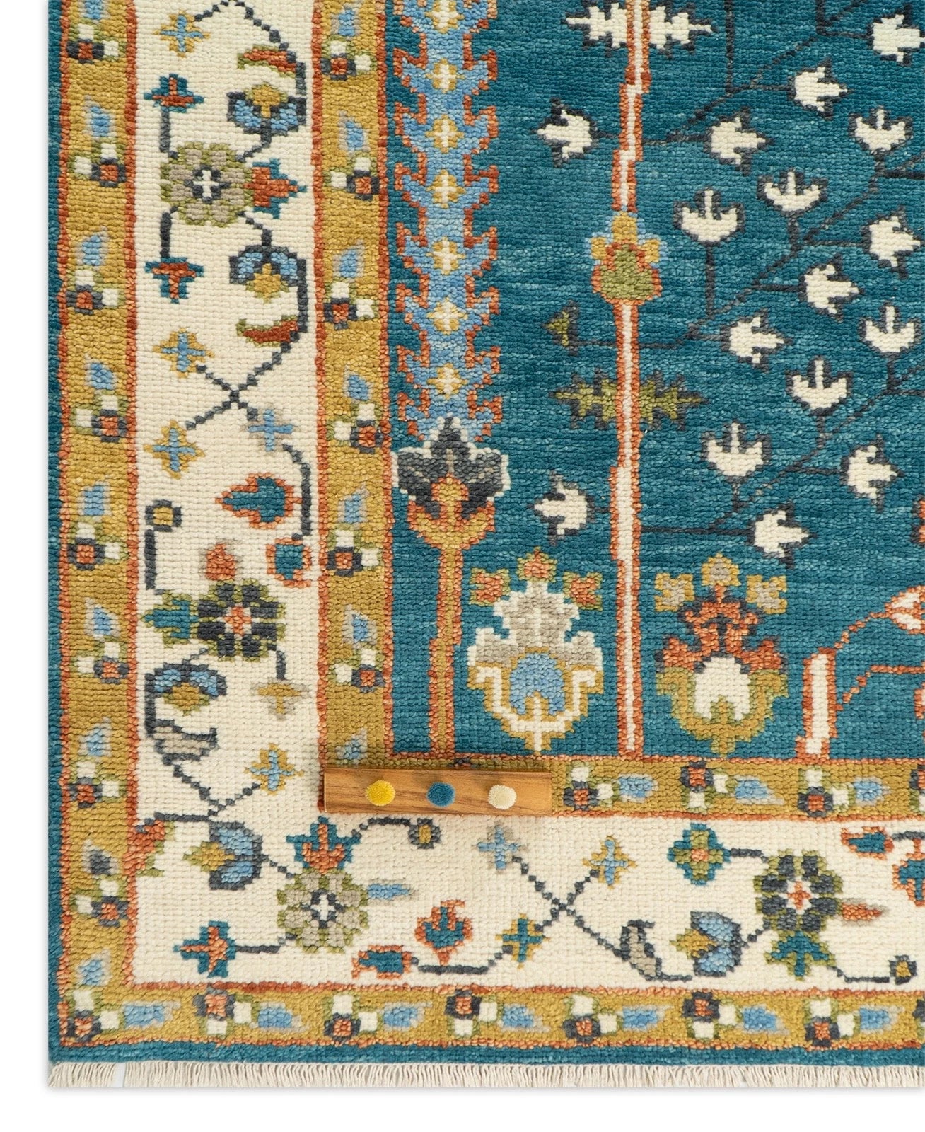 Teal and Ivory 8x10 Hand Knotted Jewel-Toned Tree of Life Botanical Wool Area Rug