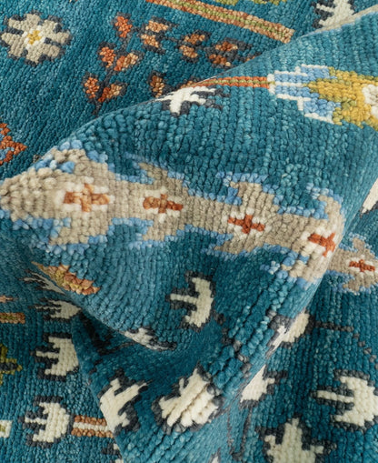 Teal and Ivory 8x10 Hand Knotted Jewel-Toned Tree of Life Botanical Wool Area Rug