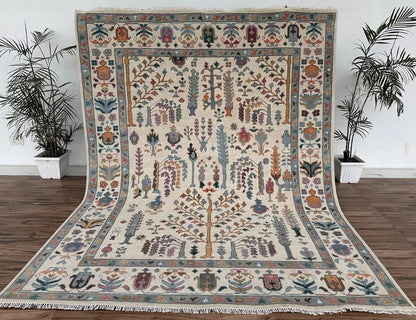 Hand Knotted Tree of Life Ivory Multicolour 8x10 Botanical Wool Area Rug
