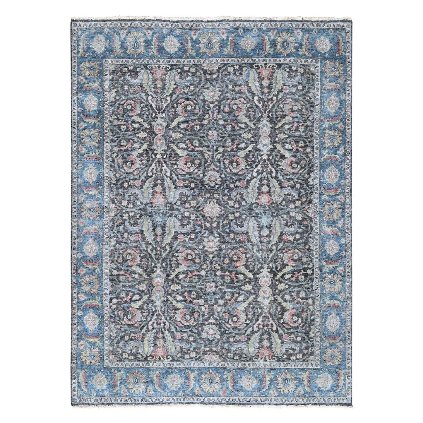Distressed Antique Oushak Charcoal and Blue Floral Hand Knotted 8x10 Wool Area Rug