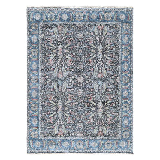 Distressed Antique Oushak Charcoal and Blue Floral Hand Knotted 8x10 Wool Area Rug
