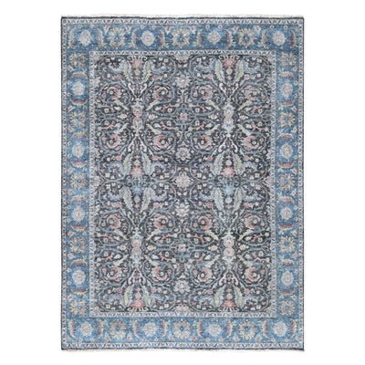 Distressed Antique Oushak Charcoal and Blue Floral Hand Knotted 8x10 Wool Area Rug