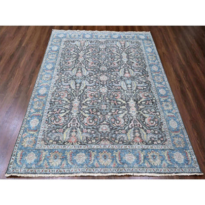 Distressed Antique Oushak Charcoal and Blue Floral Hand Knotted 8x10 Wool Area Rug