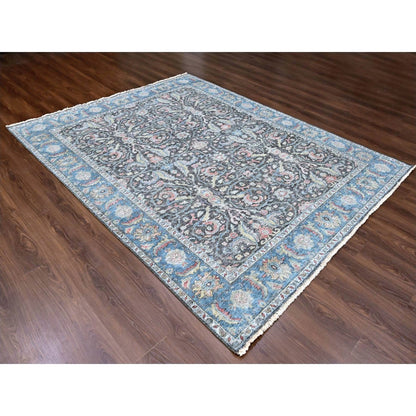 Distressed Antique Oushak Charcoal and Blue Floral Hand Knotted 8x10 Wool Area Rug