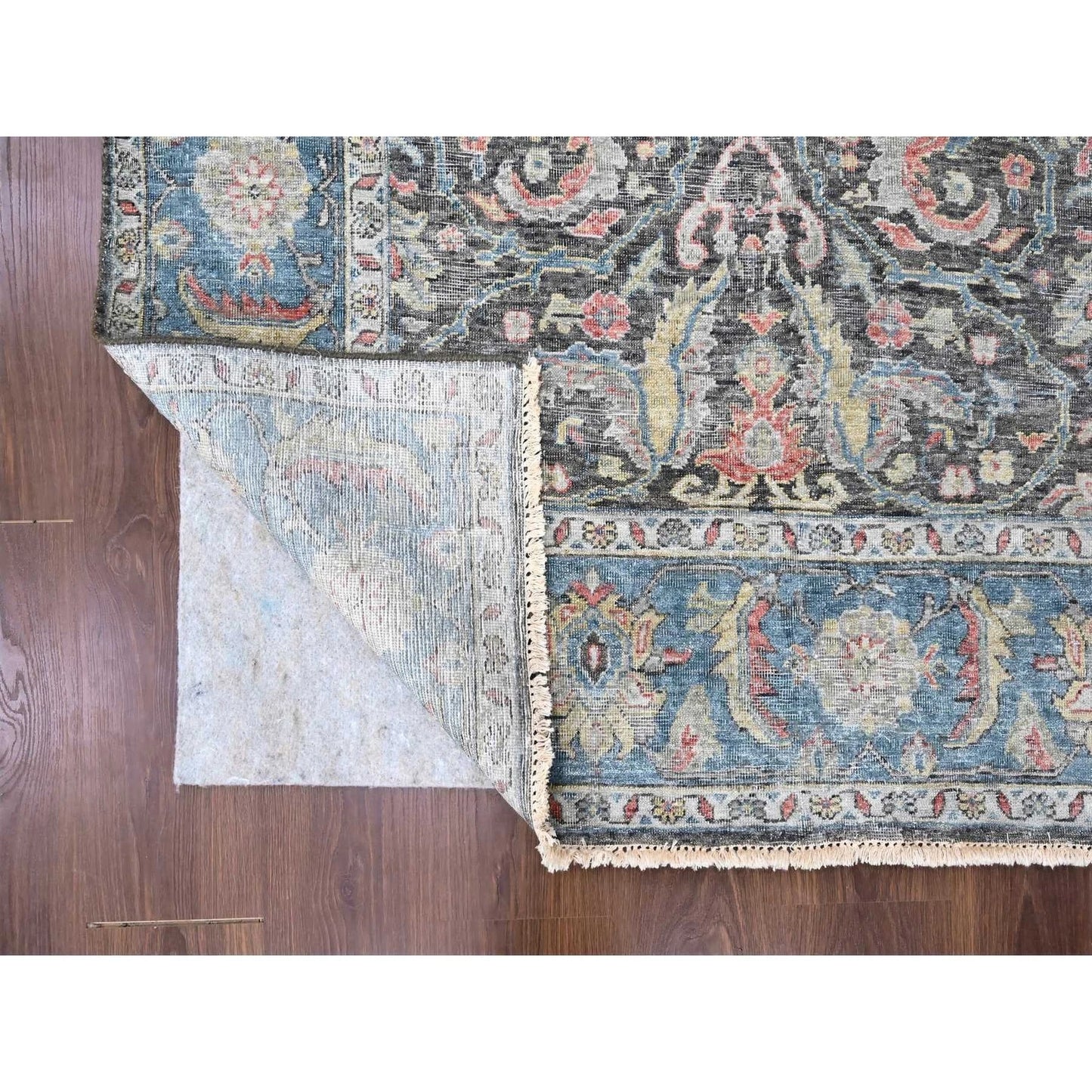 Distressed Antique Oushak Charcoal and Blue Floral Hand Knotted 8x10 Wool Area Rug