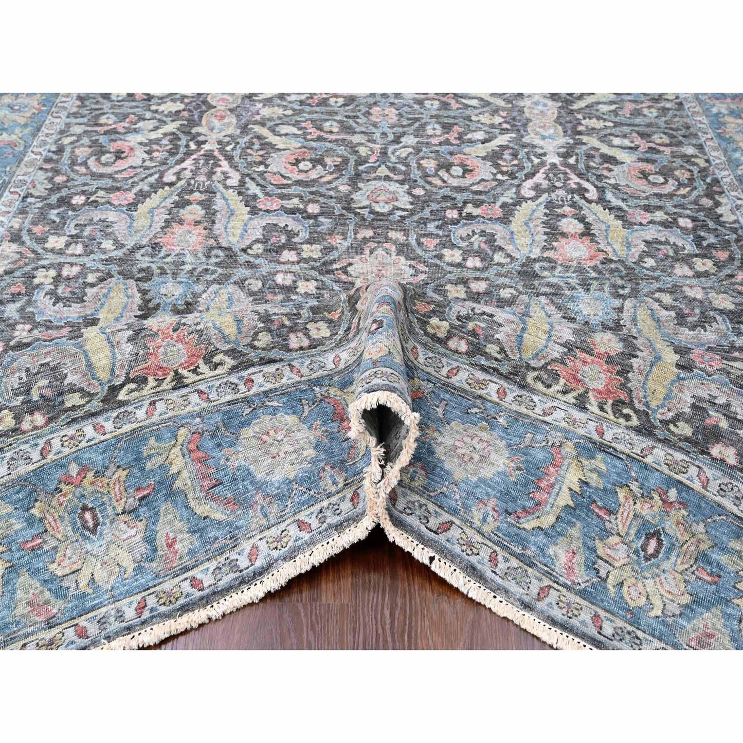 Distressed Antique Oushak Charcoal and Blue Floral Hand Knotted 8x10 Wool Area Rug