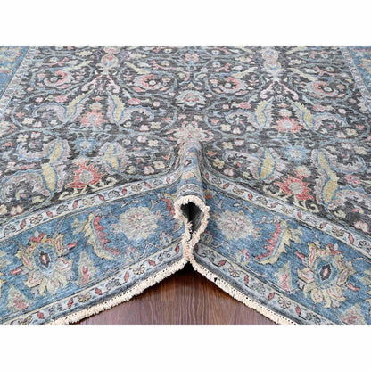 Distressed Antique Oushak Charcoal and Blue Floral Hand Knotted 8x10 Wool Area Rug