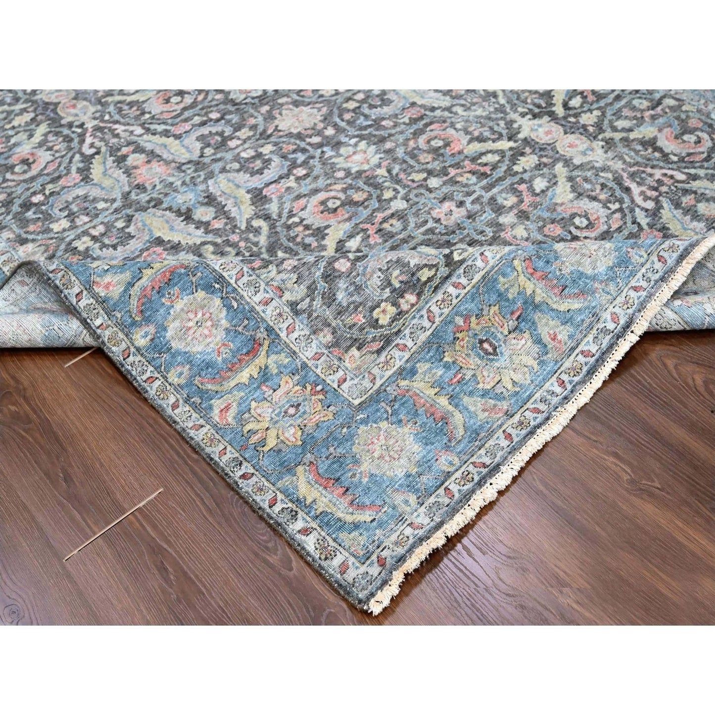Distressed Antique Oushak Charcoal and Blue Floral Hand Knotted 8x10 Wool Area Rug