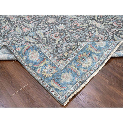 Distressed Antique Oushak Charcoal and Blue Floral Hand Knotted 8x10 Wool Area Rug