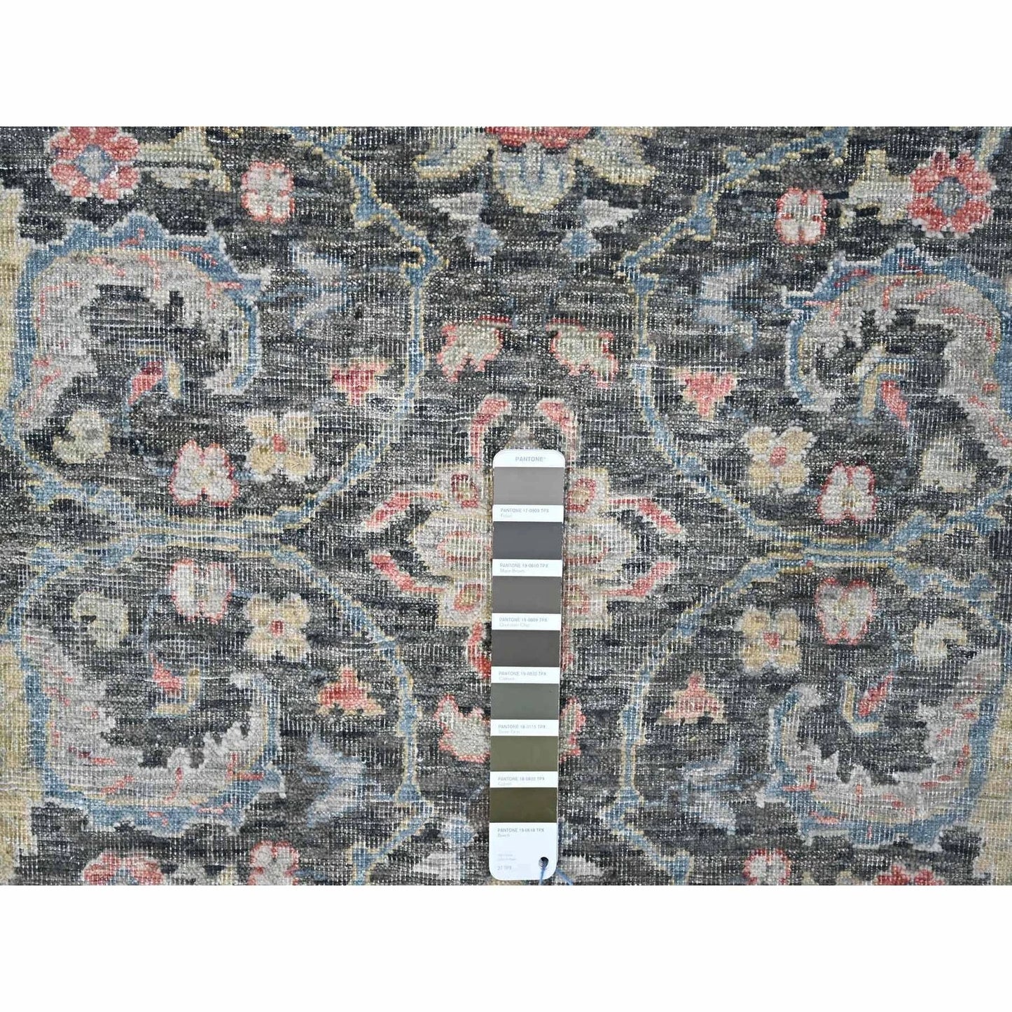 Distressed Antique Oushak Charcoal and Blue Floral Hand Knotted 8x10 Wool Area Rug