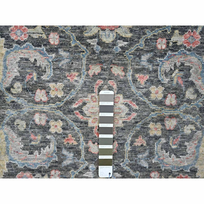 Distressed Antique Oushak Charcoal and Blue Floral Hand Knotted 8x10 Wool Area Rug